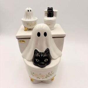 Haunted Halloween Ghost Black Cat Toilet Cookie Jar Salt Pepper Shaker Set NEW